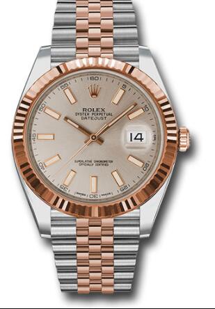 Replica Rolex Steel and Everose Rolesor Datejust 41 Watch 126331 Fluted Bezel Sundust Index Dial Jubilee Bracelet